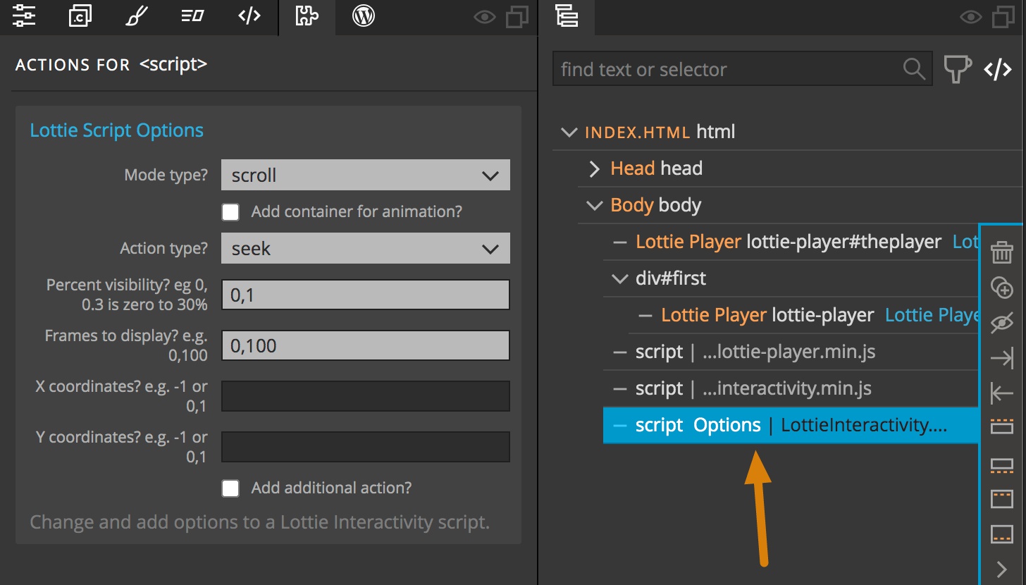 Lottie scripting options in the Pinegrow Actions panel
